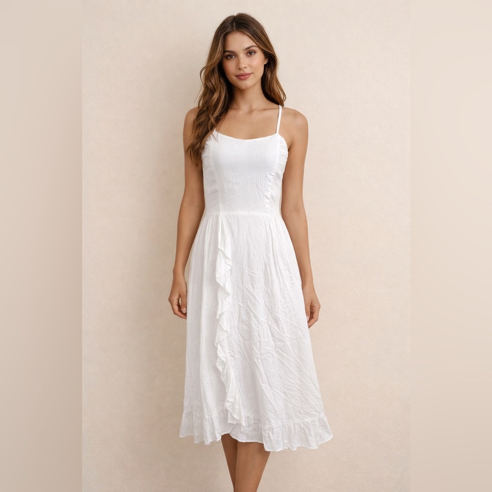 New Angie White Ruffle Midi Dress